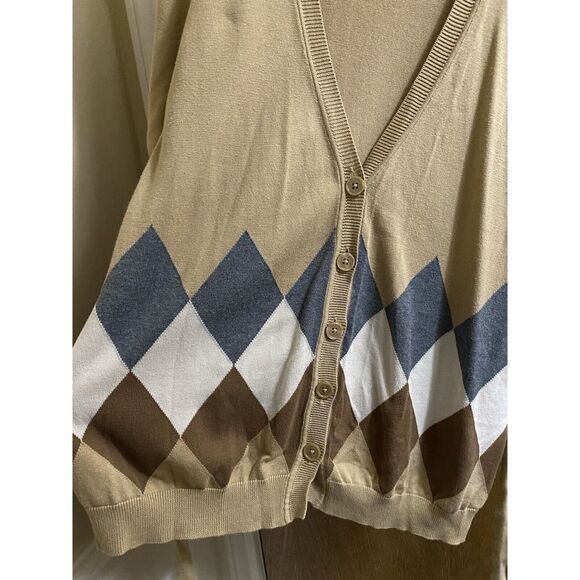 Vintage Van Heusen Tan Button Up Cardigan Waist Tie Gray/White/Brown Argyle Sz L - Picture 5 of 16